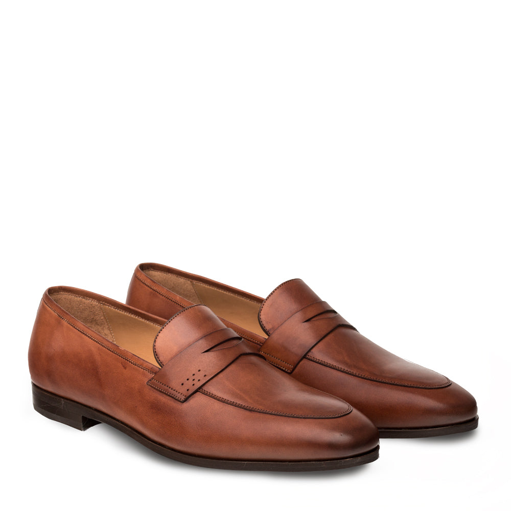 Mens Melzan Fabrizi Calfskin Penny Loafer Dress Shoe in Cognac