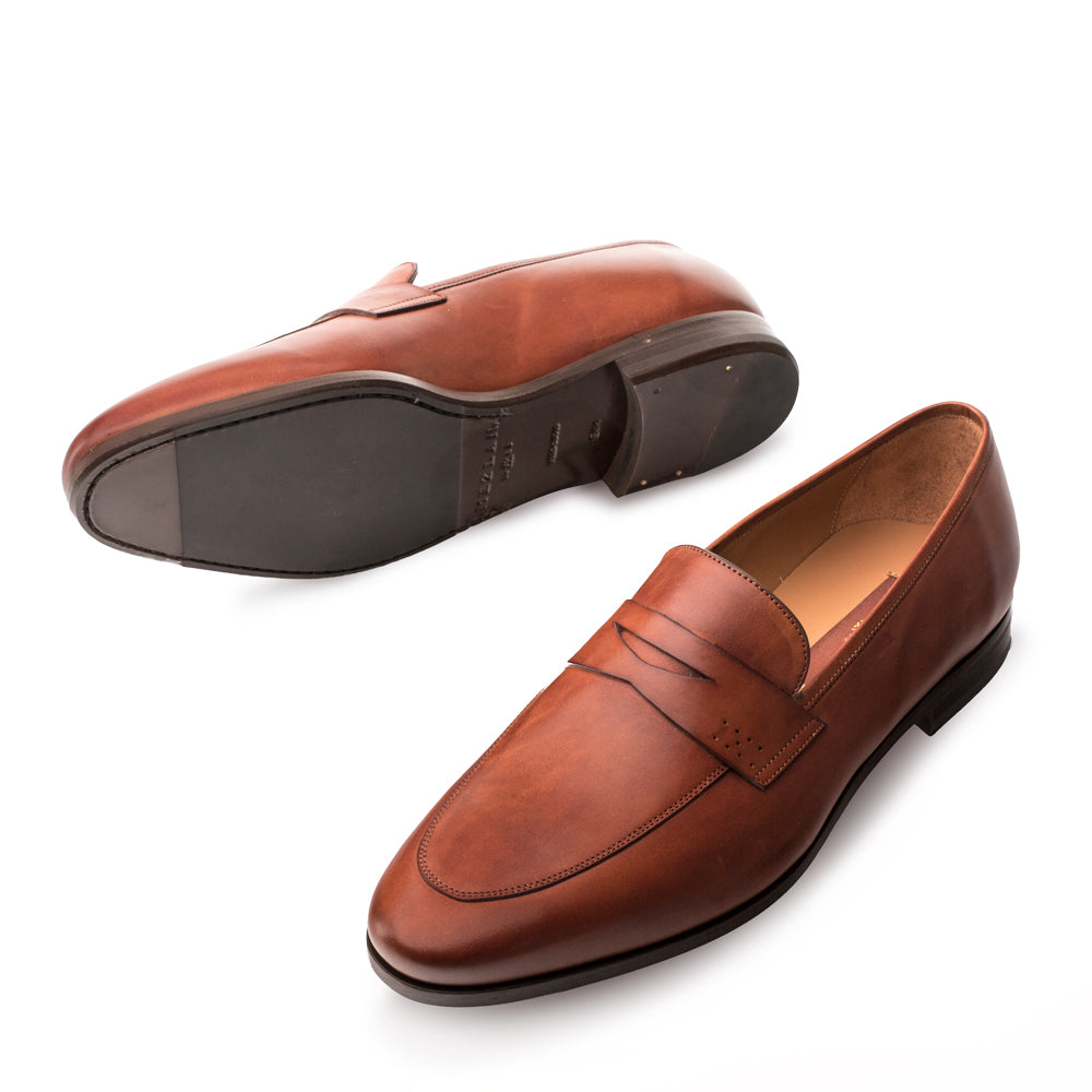 Mens Melzan Fabrizi Calfskin Penny Loafer Dress Shoe in Cognac