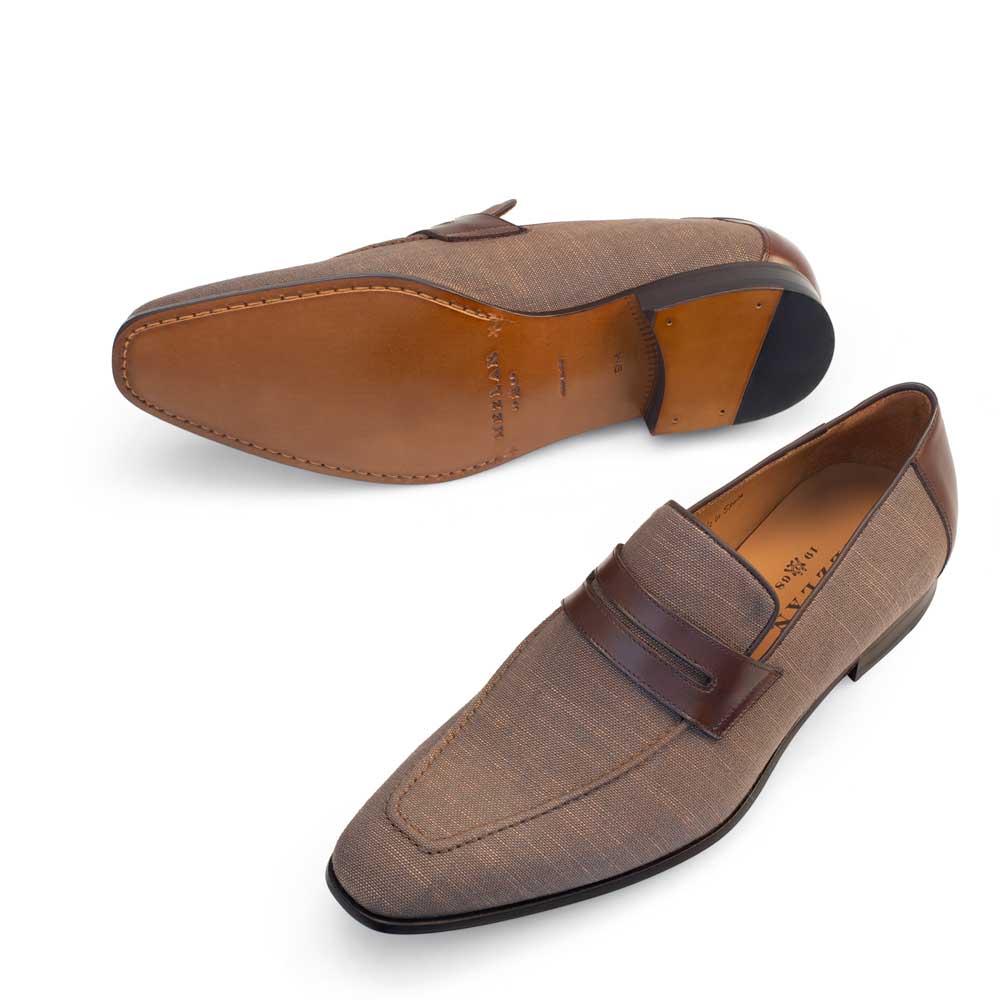 Mens Mezlan Fabric & Calfskin Penny Loafer in Taupe