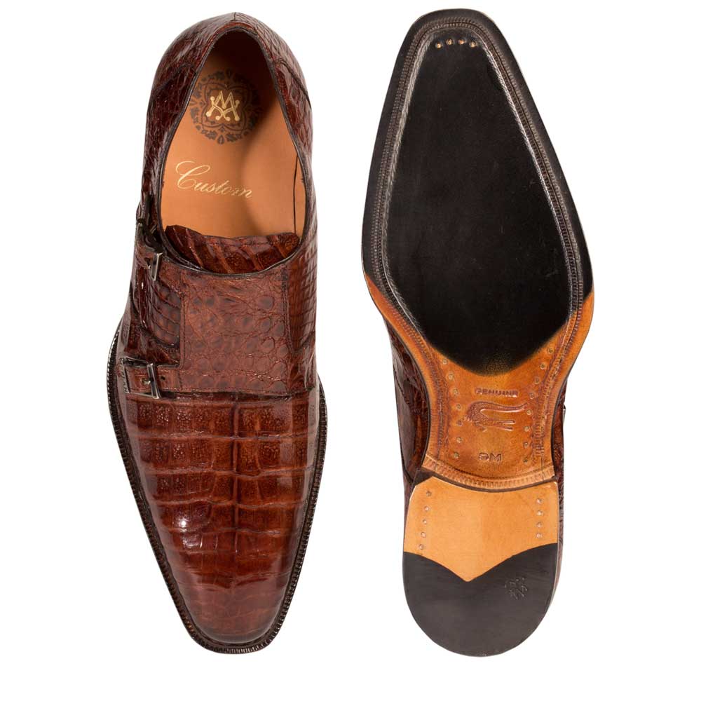 Mens Mezlan Prague Double Monk Strap Caiman Crocodile Dress Shoe in Cognac