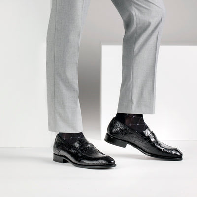 Mens Mezlan Bixby Caiman Crocodile Penny Loafer Dress Shoe in Black 5   - from alligatorwarehouse.com