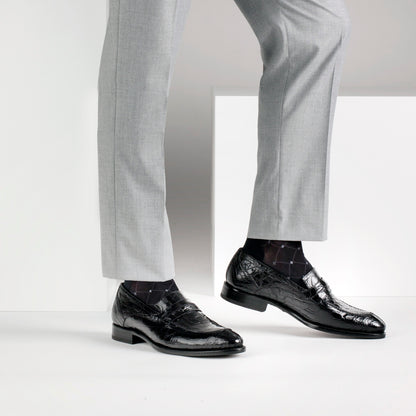 Mens Mezlan Bixby Caiman Crocodile Penny Loafer Dress Shoe in Black