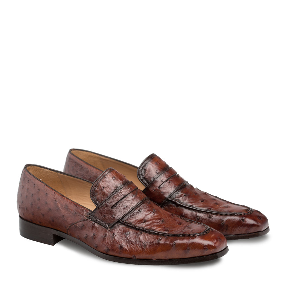 Mens Mezlan Lisbon Ostrich Quill Penny Loafer Dress Shoe in Cognac