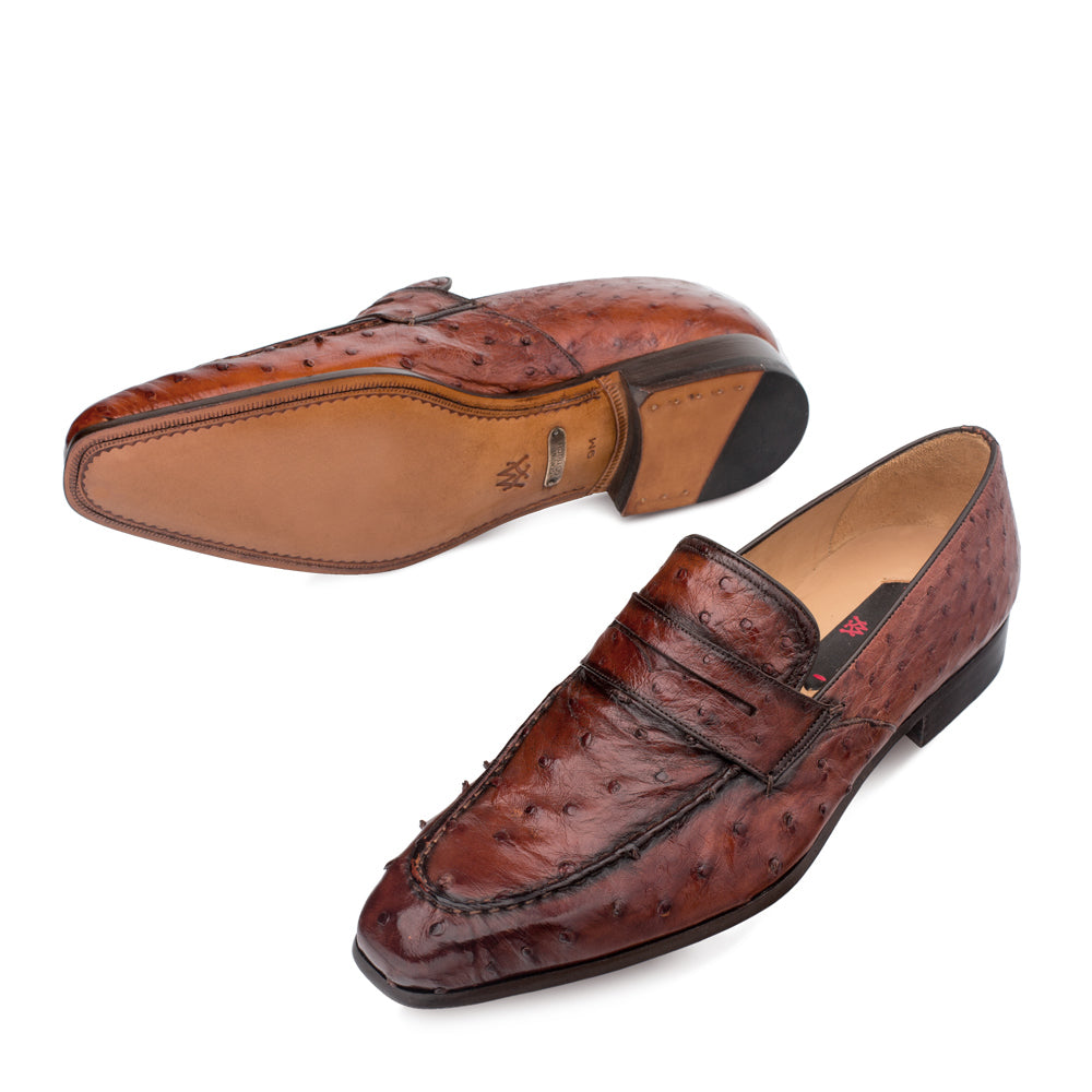 Mens Mezlan Lisbon Ostrich Quill Penny Loafer Dress Shoe in Cognac