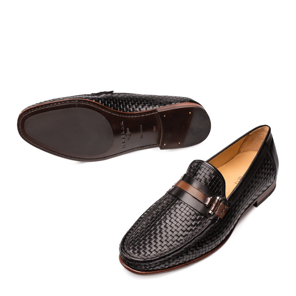 Mens Mezlan Banderas Woven Calfskin Loafer Dress Shoe in Black