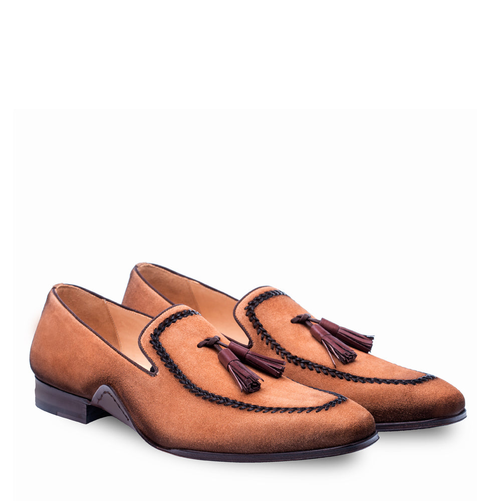 Mens Mezlan Plazza Suede & Calfskin Tassel Loafer Dress Shoe in Cognac