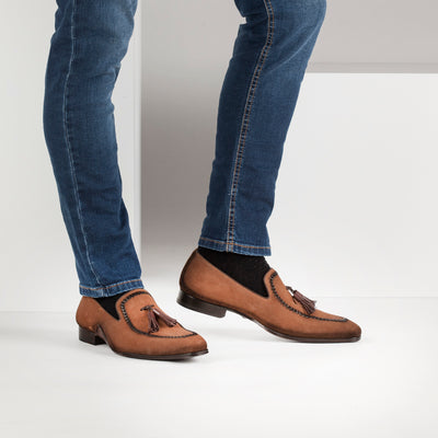 Mens Mezlan Plazza Suede & Calfskin Tassel Loafer Dress Shoe in Cognac 14   - from alligatorwarehouse.com