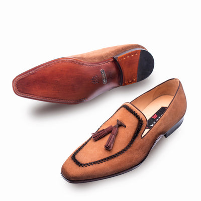 Mens Mezlan Plazza Suede & Calfskin Tassel Loafer Dress Shoe in Cognac 11   - from alligatorwarehouse.com