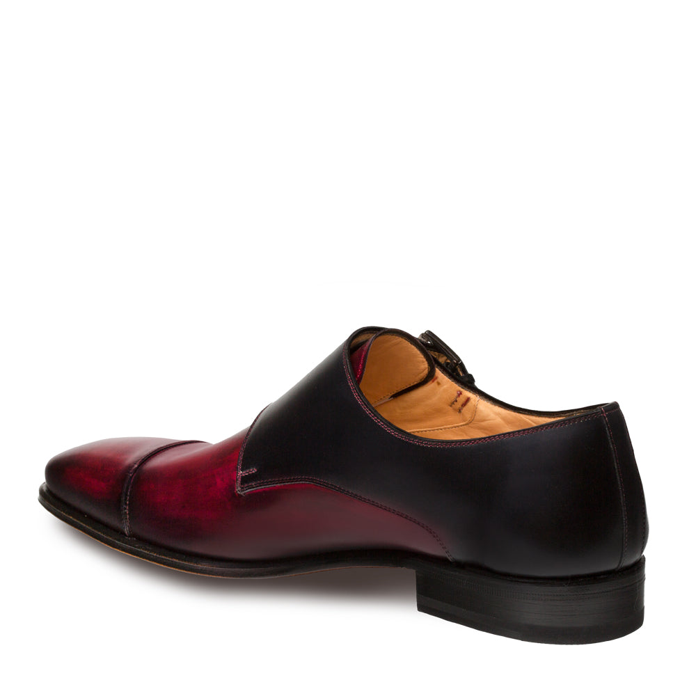 Mens Mezlan Bardem Calfskin Double Monk Strap Dress Shoe in Black & Burgundy