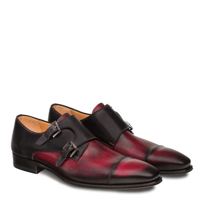 Mens Mezlan Bardem Calfskin Double Monk Strap Dress Shoe in Black & Burgundy 4   - from alligatorwarehouse.com