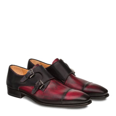 Mens Mezlan Bardem Calfskin Double Monk Strap Dress Shoe in Black & Burgundy