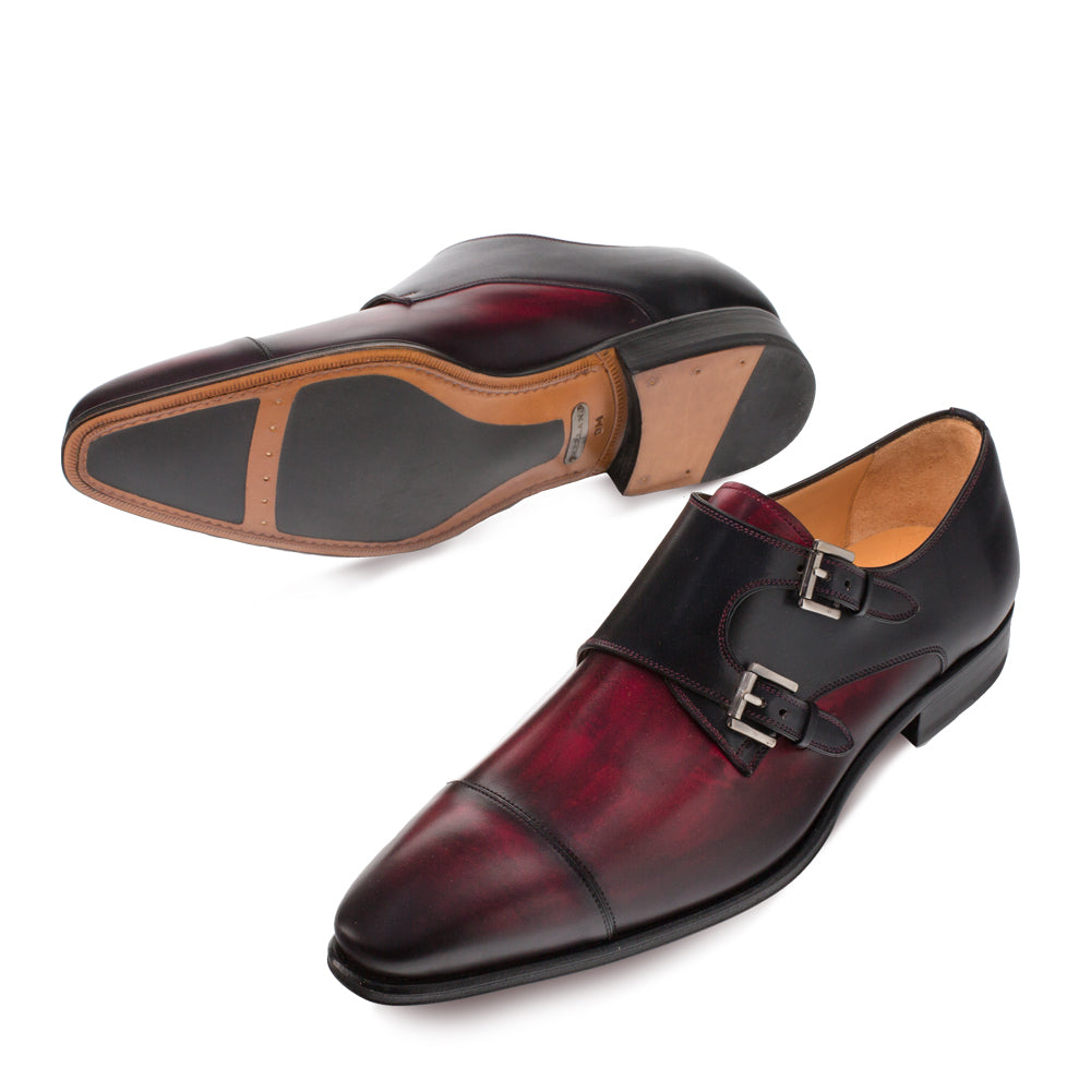 Mens Mezlan Bardem Calfskin Double Monk Strap Dress Shoe in Black & Burgundy