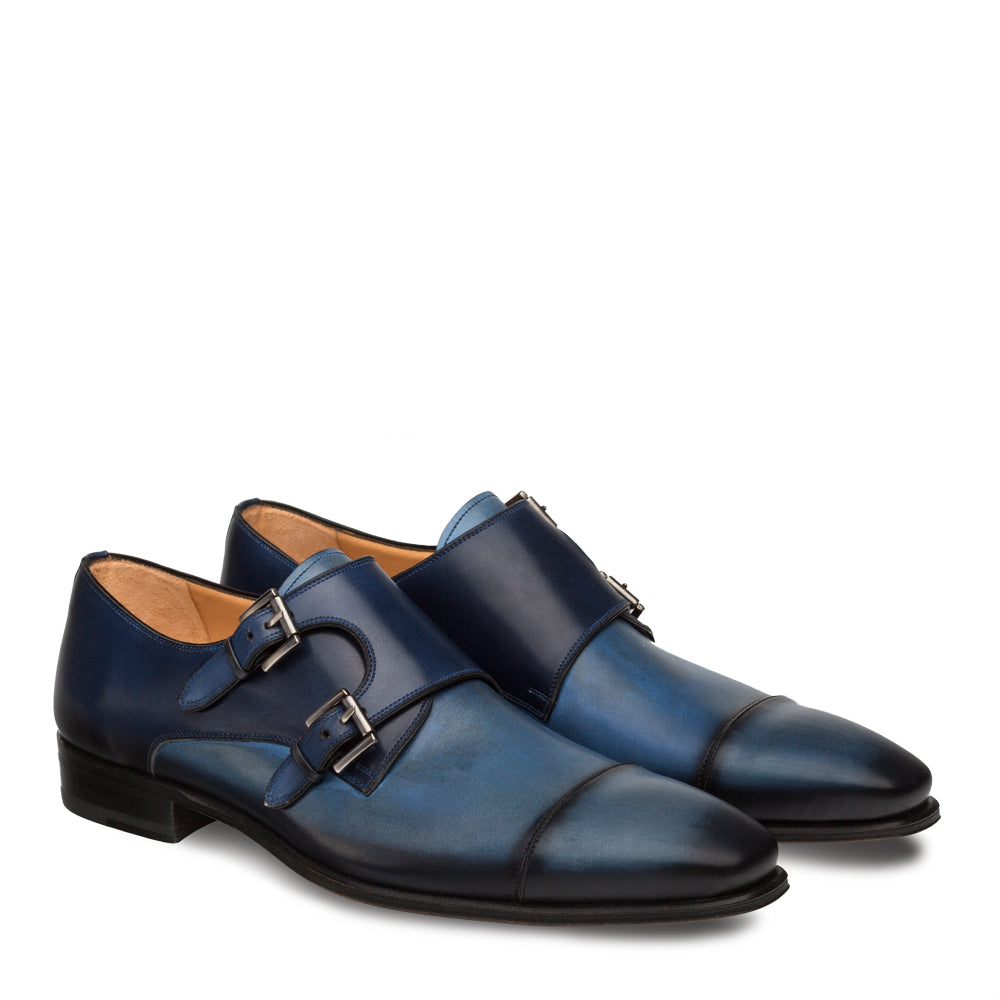 Mens Mezlan Bardem Calfskin Double Monk Strap Dress Shoe in Blue