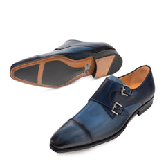 Mens Mezlan Bardem Calfskin Double Monk Strap Dress Shoe in Blue