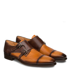 Mens Mezlan Bardem Calfskin Double Monk Strap Dress Shoe in Tan & Brown