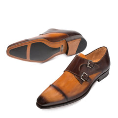 Mens Mezlan Bardem Calfskin Double Monk Strap Dress Shoe in Tan & Brown