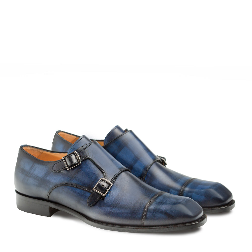 Mens Mezlan Valkyrie Double Monkstrap Plaid Calfskin Dress Shoe in Honey