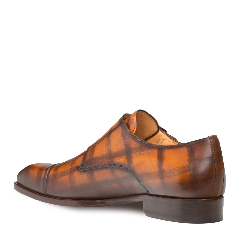 Mens Mezlan Valkyrie Double Monkstrap Plaid Calfskin Dress Shoe in Honey