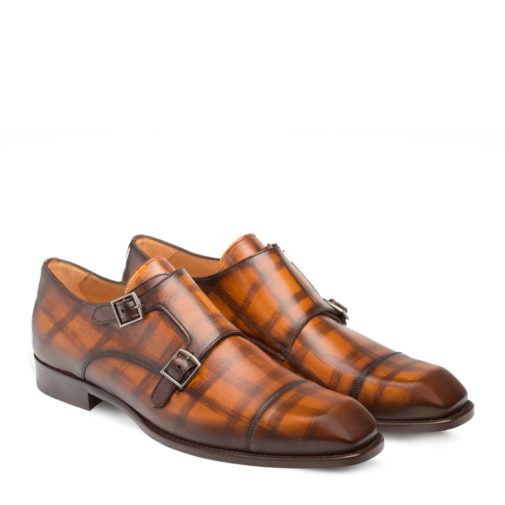 Mens Mezlan Valkyrie Double Monkstrap Plaid Calfskin Dress Shoe in Honey