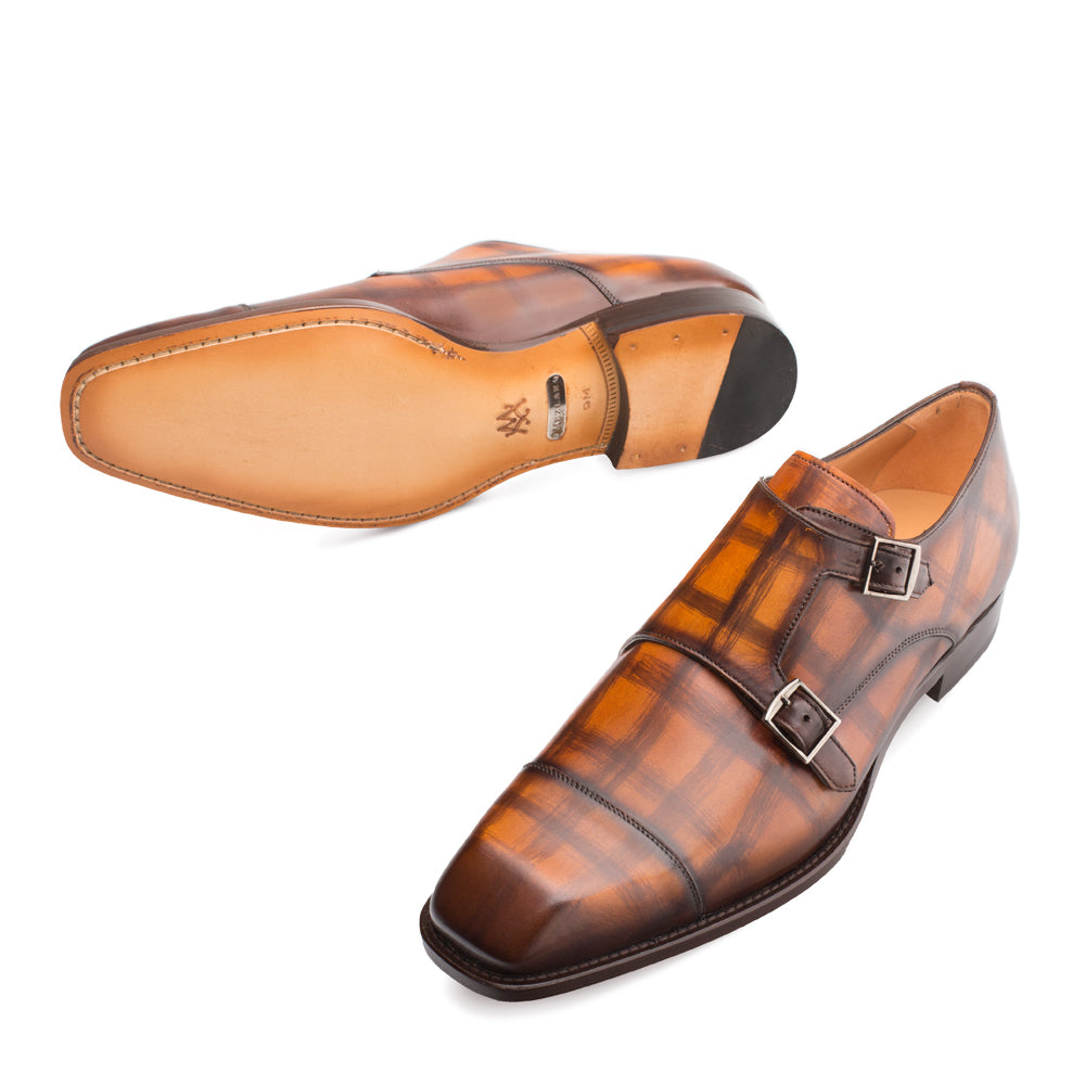 Mens Mezlan Valkyrie Double Monkstrap Plaid Calfskin Dress Shoe in Honey