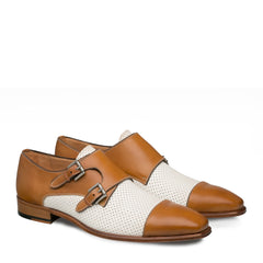 Mens Mezlan Saber Two Tone Calfskin Monk Strap Dress Shoe in Honey & White