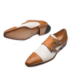 Mens Mezlan Saber Two Tone Calfskin Monk Strap Dress Shoe in Honey & White