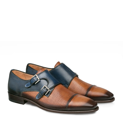 Mens Mezlan Saber Two Tone Calfskin Monk Strap Dress Shoe in Tan & Blue 4   - from alligatorwarehouse.com