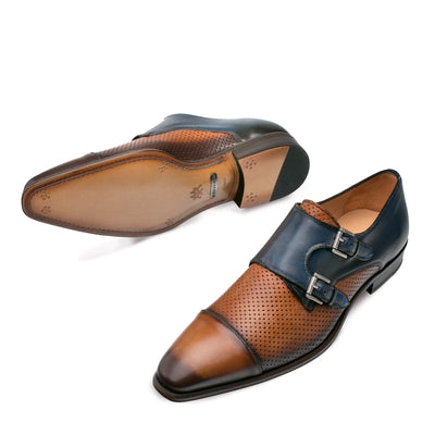 Mens Mezlan Saber Two Tone Calfskin Monk Strap Dress Shoe in Tan & Blue 2   - from alligatorwarehouse.com