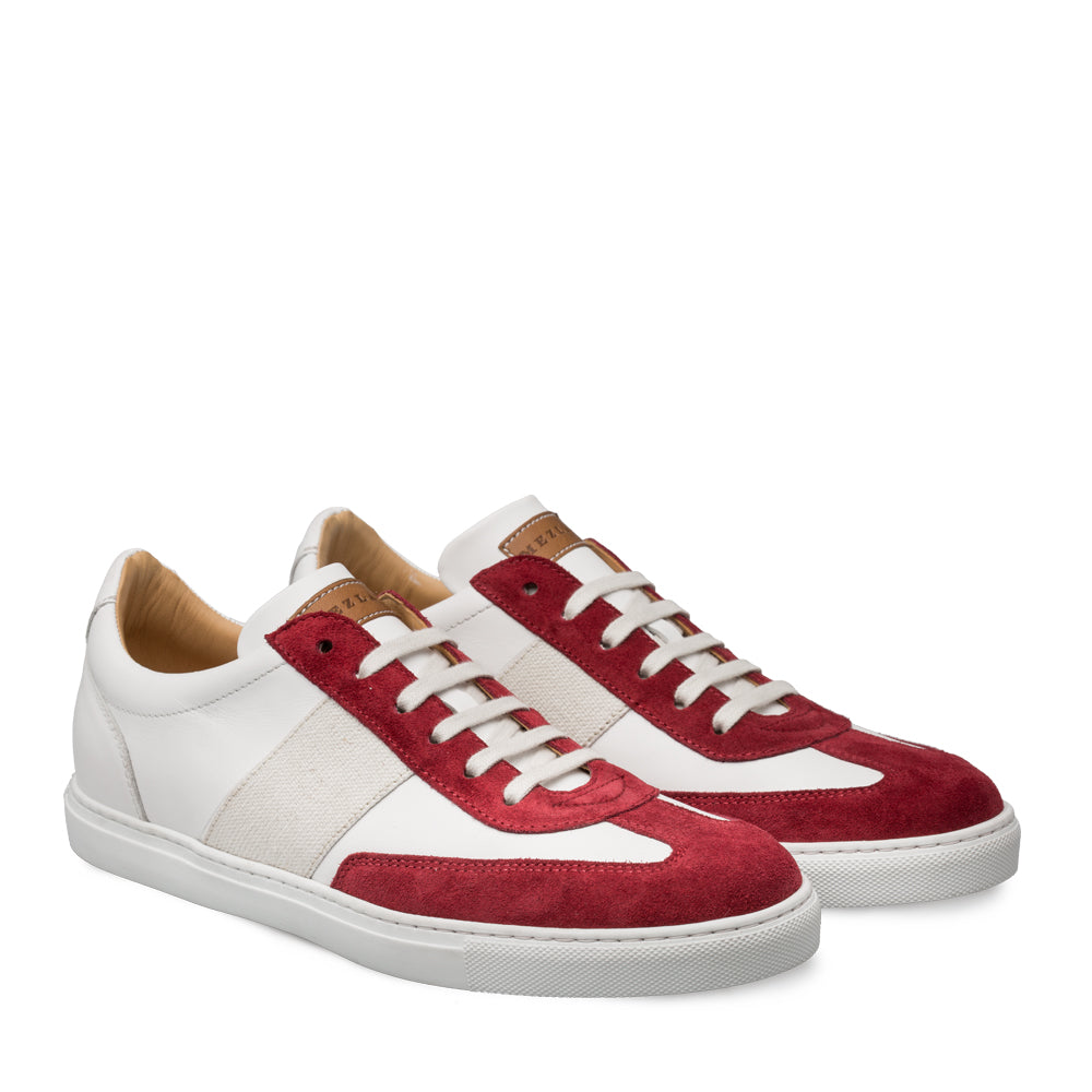 Mens Mezlan Wyatt Two Tone Calfskin & Suede Sneaker in White & Burgundy