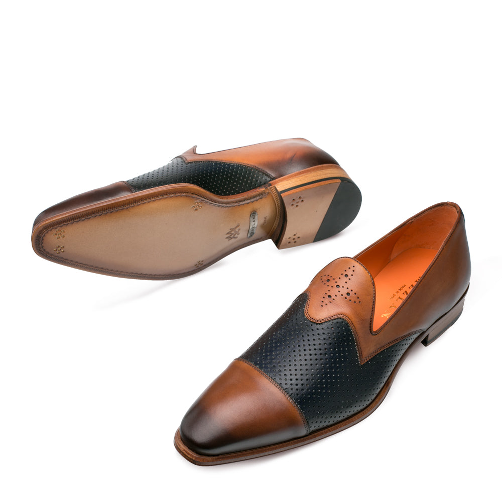 Mens Mezlan Bora Calfskin Loafer in Tan & Blue