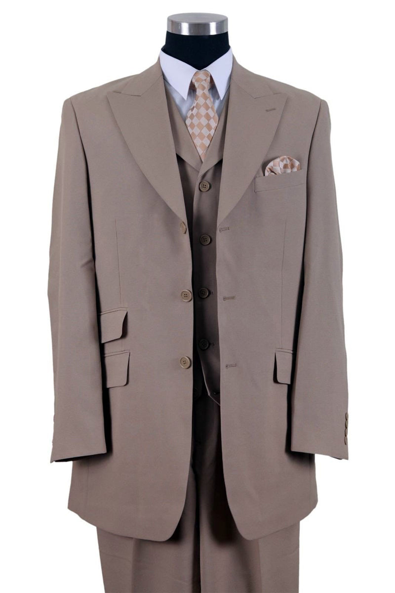 Mens 3 Button Vested Wide Peak Lapel Suit with Semi-Wide Pants in Tan