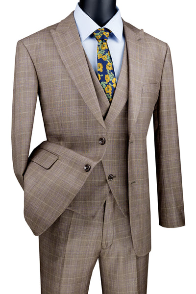 Mens 2 Button Vested Peak Lapel Plaid Suit in Tan 1 MV2W-1_TAN_36S  - from alligatorwarehouse.com