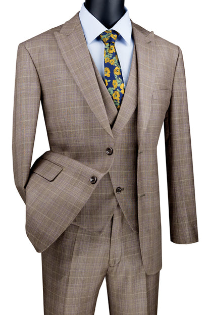 Men’s Tan Plaid 3 Piece Suit, 2 Button Vested Peak Lapel Formal Wedding Business Suit