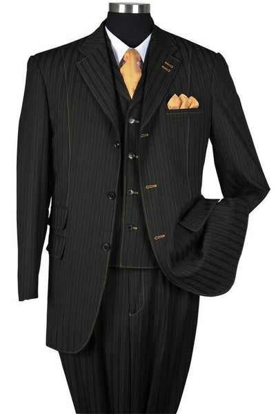 Mens 3 Button Vested Fashion Ton on Ton Suit with Contrast Stitching in Black