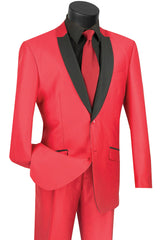 Mens 2 Buttton Slim Contrast Peak Lapel Tuxedo in Red