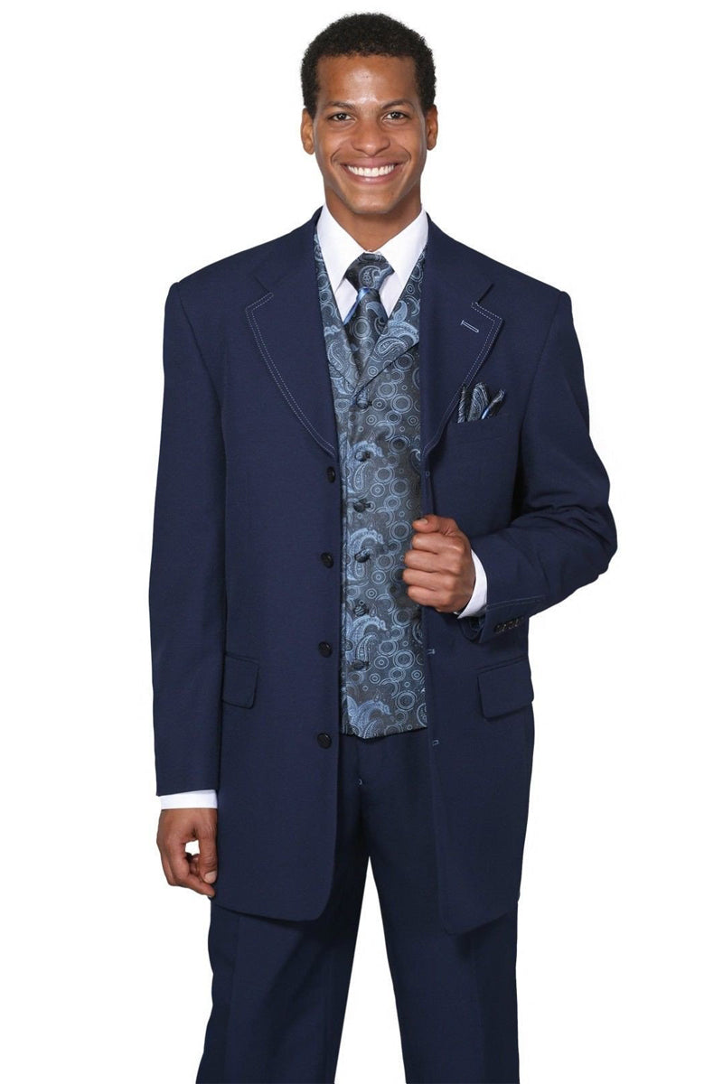 Mens 3/4 Length 4 button Contrast Stitching Suit with Paisley Vest in Navy