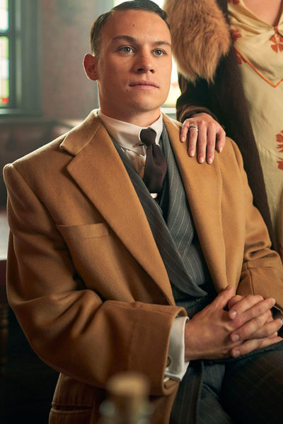 Mens Peaky Blinders Costume Michael Gray Vested Grey Pinstripe Suit & Camel Overcoat 1   - from alligatorwarehouse.com