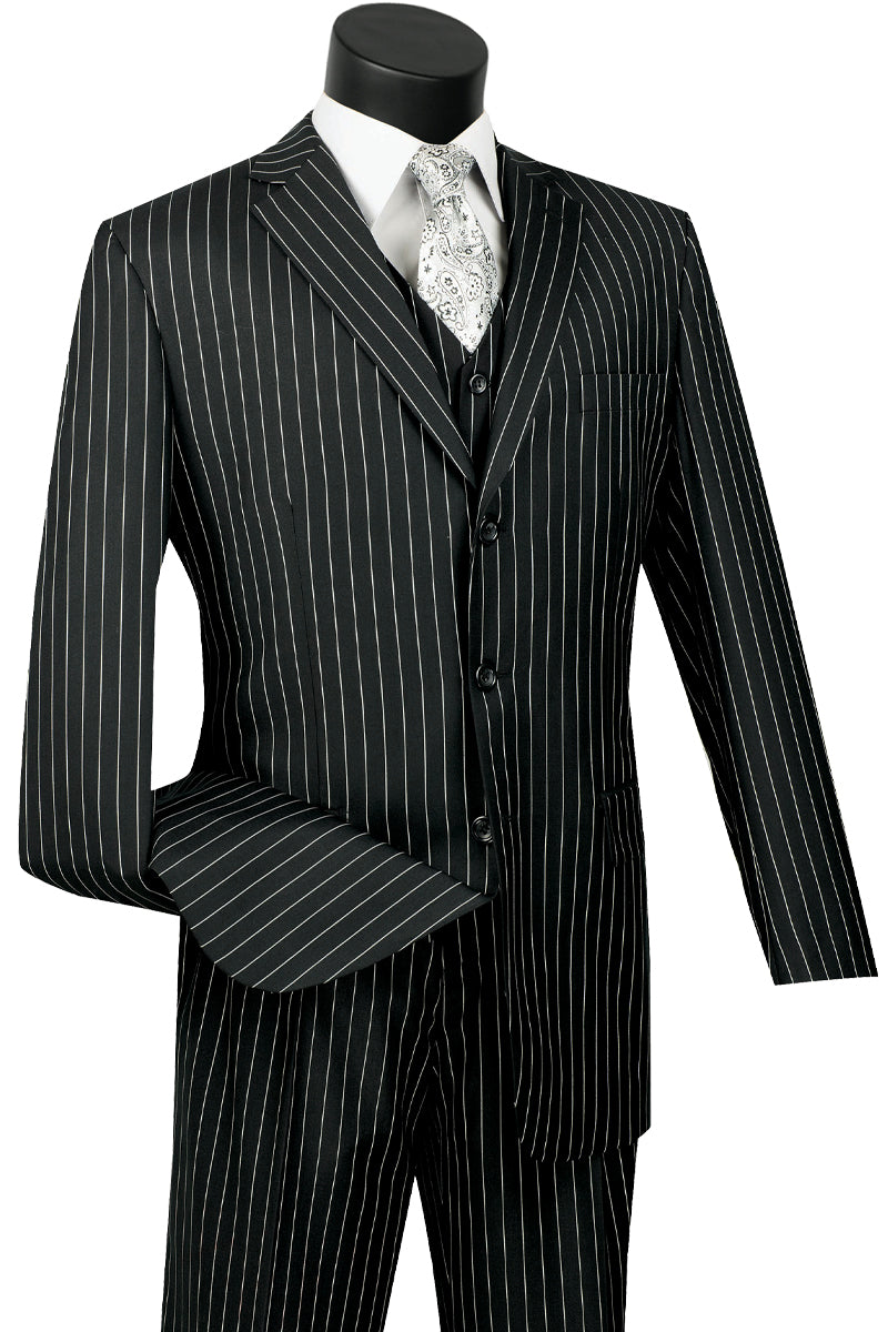 Mens 3 Button Vested Gangster Pinstripe 1920's Suit in Black