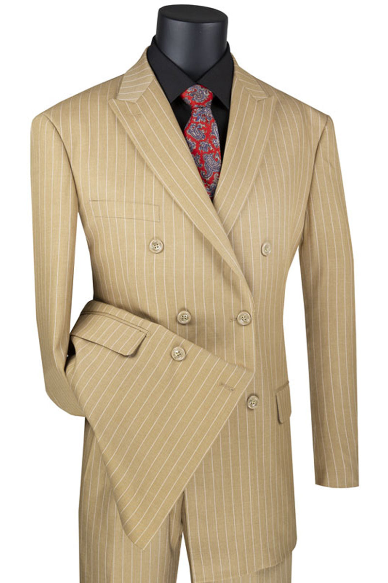 Mens Double Breasted Gangster Bold Pinstripe Suit in Camel