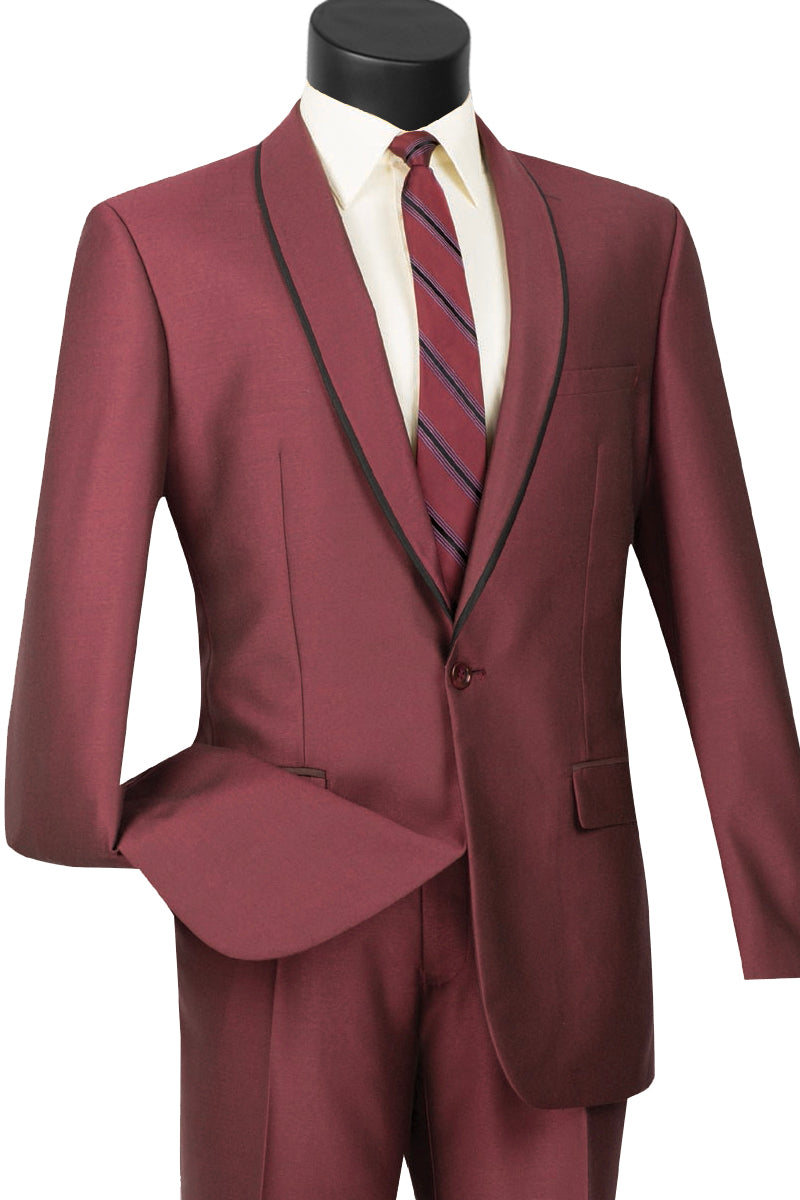 Mens One Button Shawl Tuxedo Suit With Trim in Burgundy