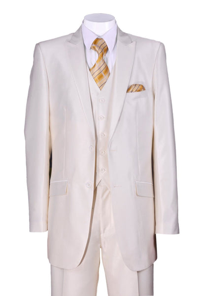 Mens 2 Button Vested Peak Lapel Shiny Sharkskin Suit in Cream 1 5702V2 -Cream-38R  - from alligatorwarehouse.com