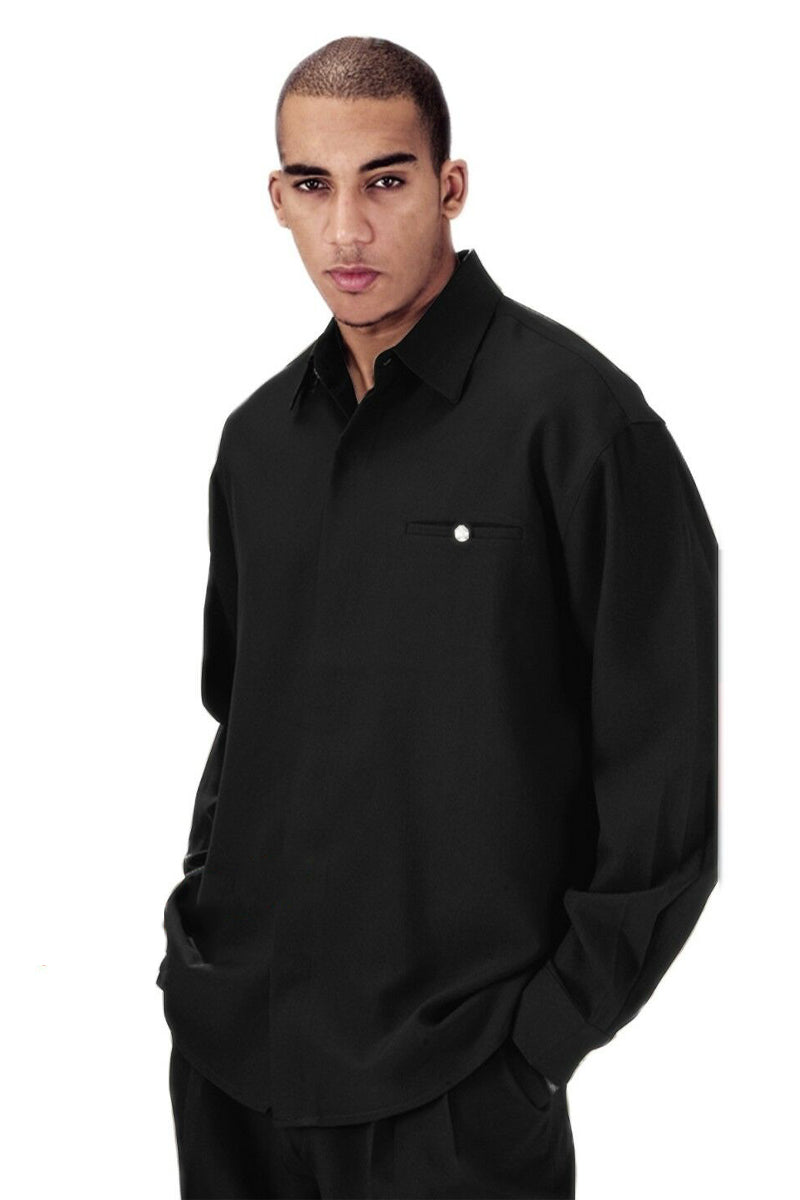 Mens Casual Long Sleeve French Front Leisure Set in Black