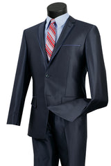 Mens Slim Fit Shiny Sharkskin Suit with Trim in Blue