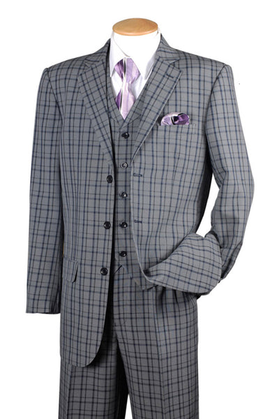 Mens 3 Button Vested 1920's Gangster Plaid Suit in Navy