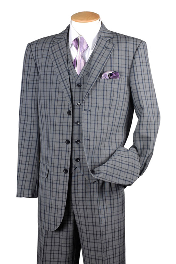 Mens 3 Button Vested 1920's Gangster Plaid Suit in Navy