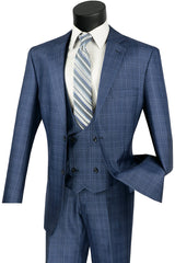 Mens Classic Fit Low Cut Vest Glen Plaid Suit in Blue