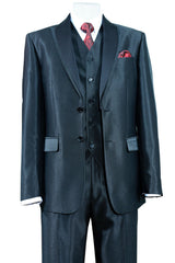 Mens 2 Button Vested Contrast Peak Lapel Sharkskin Tuxedo Suit in Black