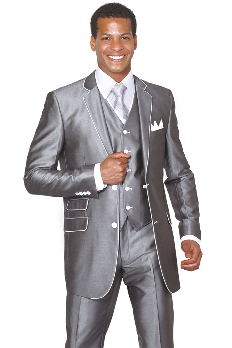 Mens 2 Button Vested Sharkskin Suit with Contrast Trim in Grey
