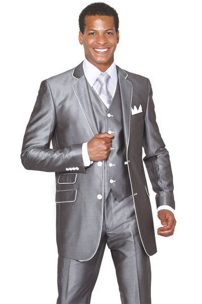 Mens 2 Button Vested Sharkskin Suit with Contrast Trim in Grey 1 5702V1-Grey-38R  - from alligatorwarehouse.com
