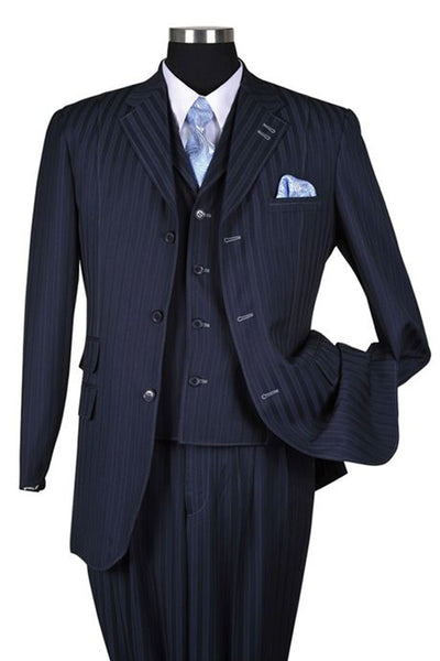 Mens 3 Button Vested Fashion Ton on Ton Suit with Contrast Stitching in Navy
